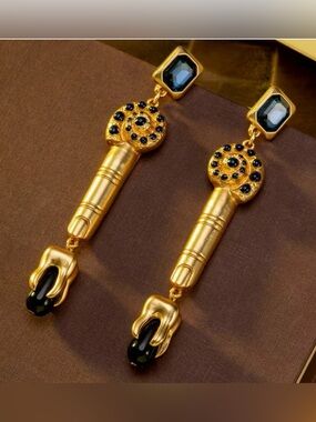 Schiaparelli Inspired Gold-tone Drop Earrings with navy blue Stones